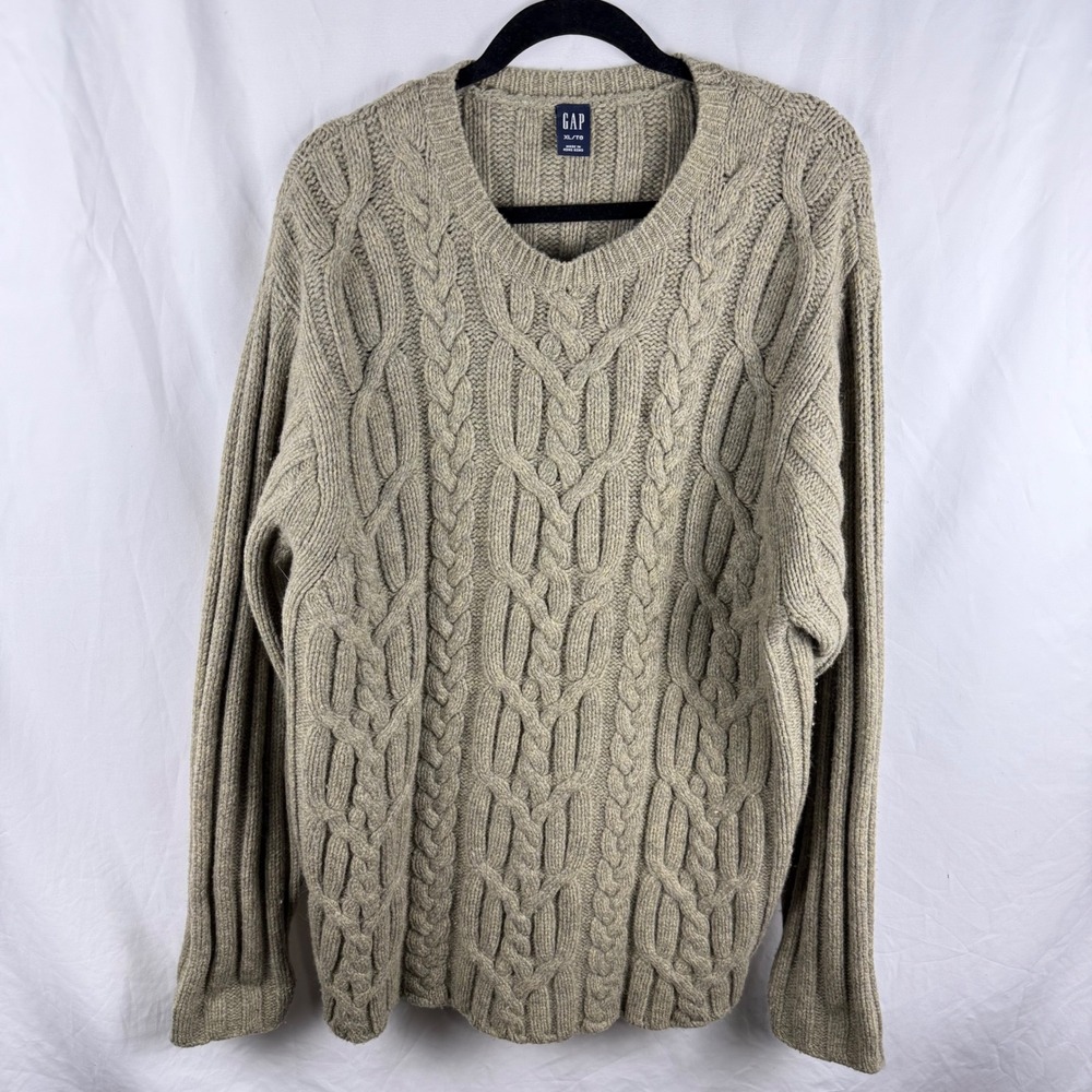Vintage Gap Men's Lambswool Cableknit Fisherman Sweater XL Tan Ribbed Old Money